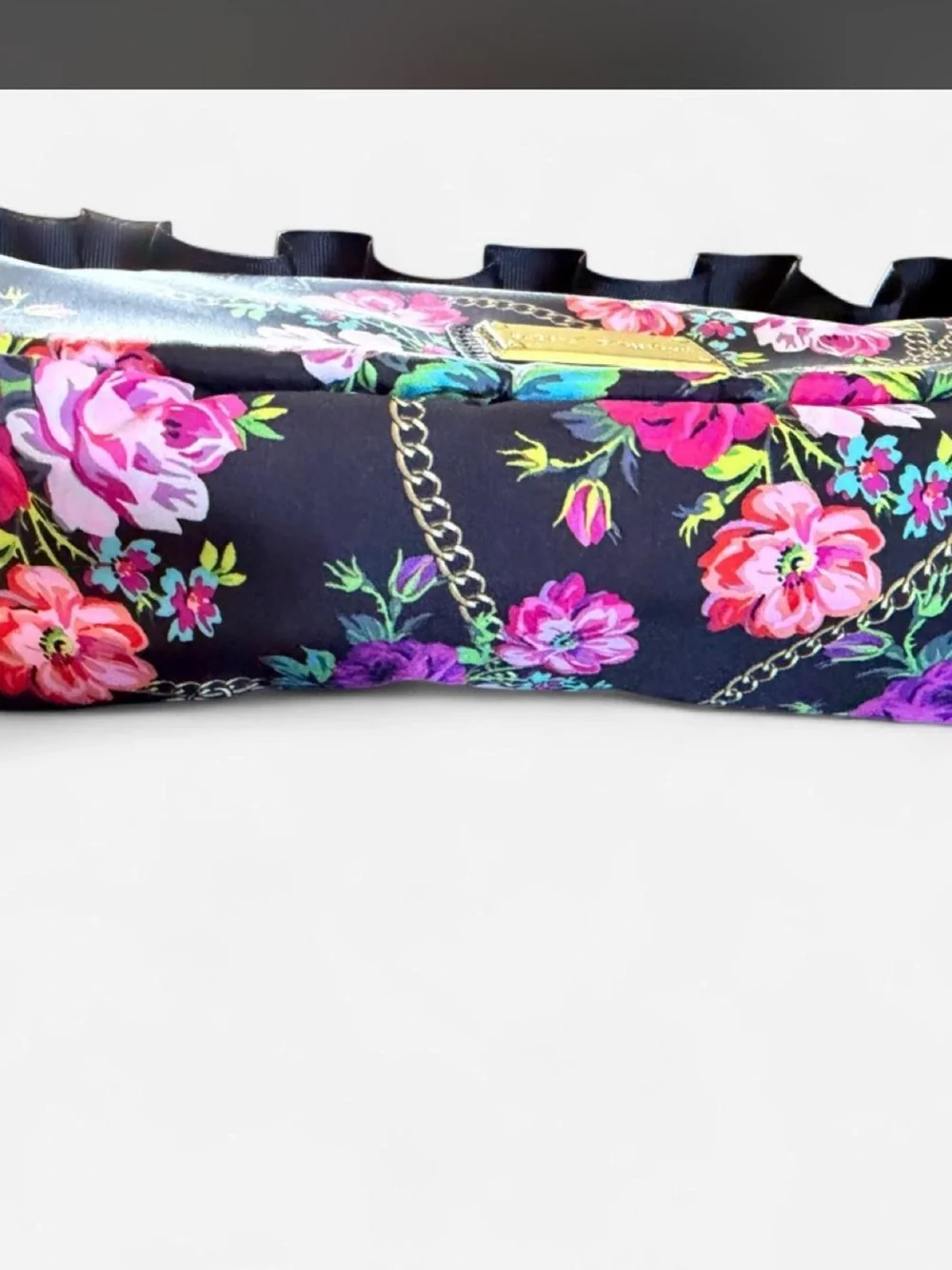 Betsey Johnson Black Floral Chain-Accent Cosmetic Case
